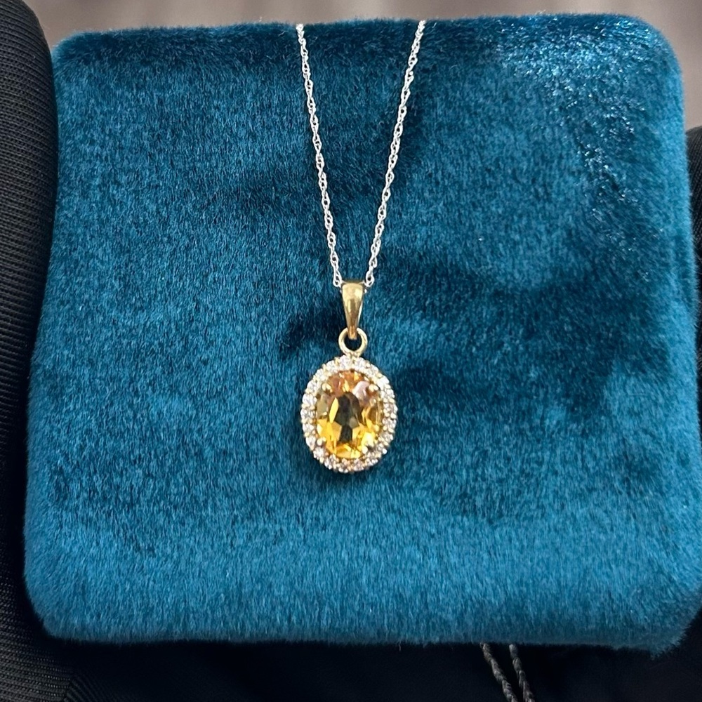 14K Yellow Gold Pendant Necklace with 1CT Citrine & Diamonds, nya~